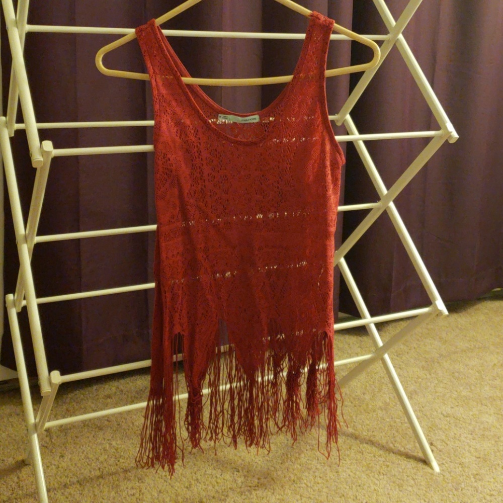 Red lace fringe tank top